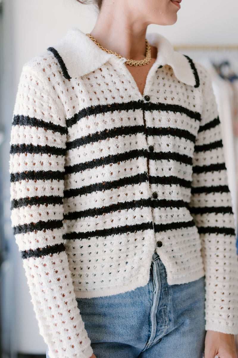 Button Front Long Sleeve Striped Cardigan