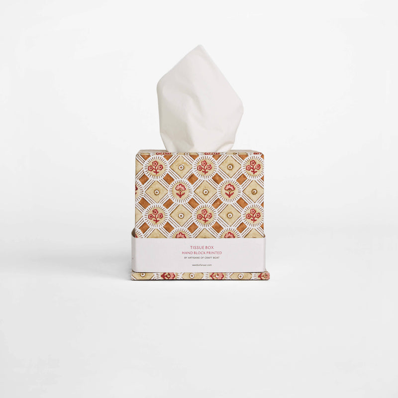 BLOCK PRINTED TISSUE BOX SPRING BLOOM - OCHRE