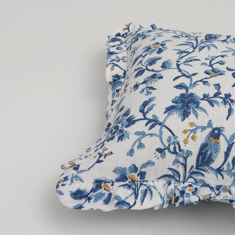 Blue Robin & Peony Block Printed Ruffled Pillow