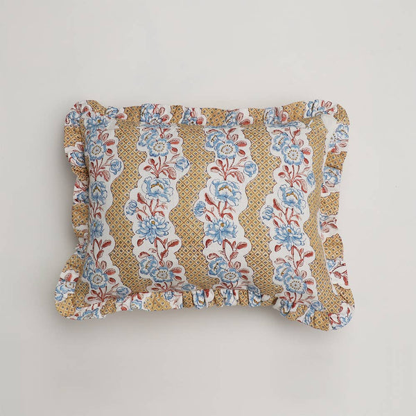 Yellow Blooming Trellis Block Printed Ruffled Pillow