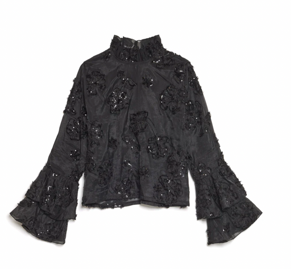 Estelle Floral Fluted Top - Coal Black